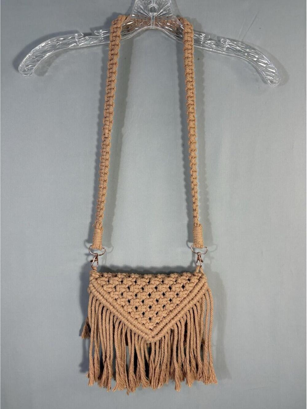 Handmade Macrame Crossbody Bag Boho Fringe Crochet Woven Tan Shoulder Purse